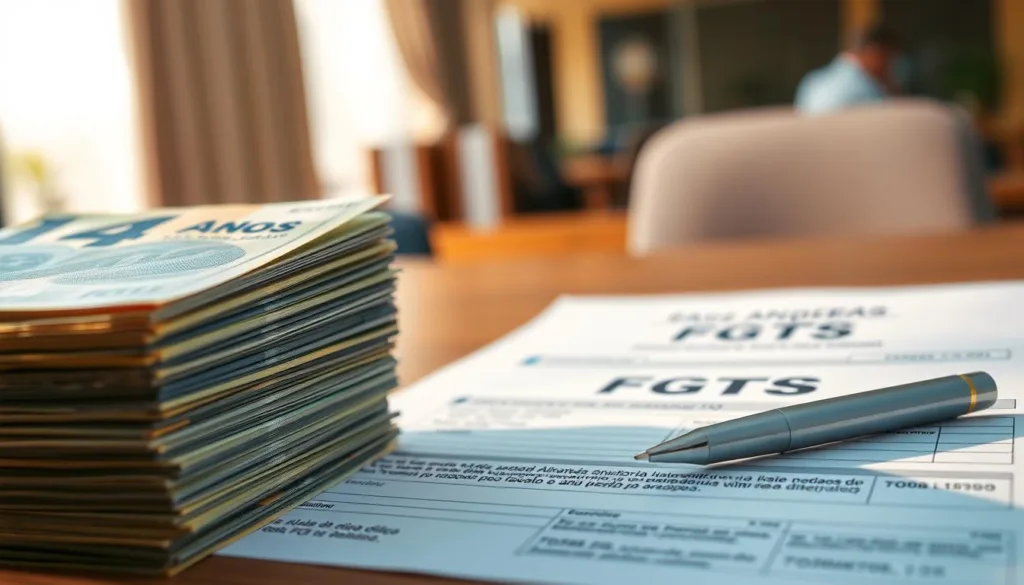 A detailed, realistic image depicting the "saque-aniversário FGTS" concept. In the foreground, a stack of Brazilian real banknotes represents the FGTS withdrawal funds. The middle ground showcases an official FGTS document or form, with a pen resting on it, symbolizing the application process. The background features a subtle, blurred office setting, suggesting the bureaucratic context. The lighting is warm and natural, creating a calm, professional atmosphere. The composition emphasizes the key elements - the money, the form, and the work environment - to visually communicate the essence of the "saque-aniversário FGTS" subject.